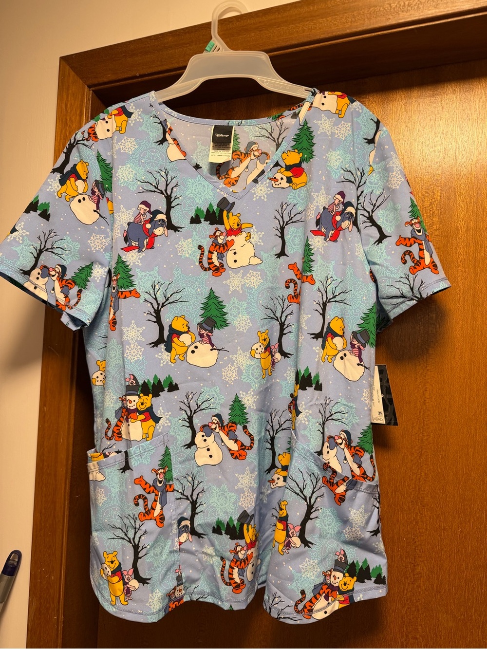 Disney Winnie the Pooh Light Blue Holiday Scrub Top